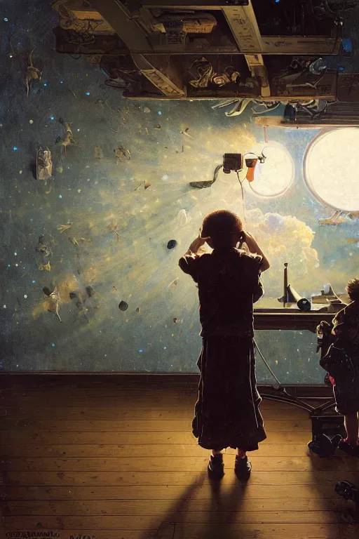 Prompt: a 1 2 year old boy and 1 0 year old girl with vr glasses viewing the universe, part by norman rockwell, part by greg rutkowski, part by mattias adolfsson, high angle, ( ( ( ( volumetric lighting ) ) ) ), oil on canvas