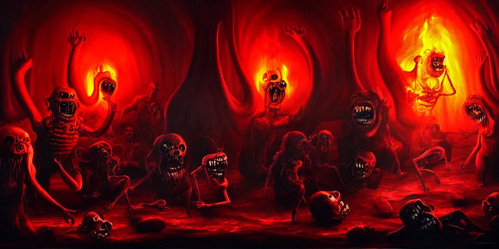 Image similar to repressed emotion creatures and monsters at the mouth of hell, dramatic lighting glow from giant fire, attempting to escape and start a revolution, in a dark surreal painting by ronny khalil