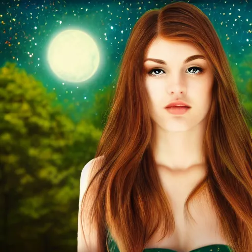 Image similar to an hd photo of a young woman with brown hair, green eyes, beautiful trees in the background, night sky with multicolor stars and galaxies, trending on artstation