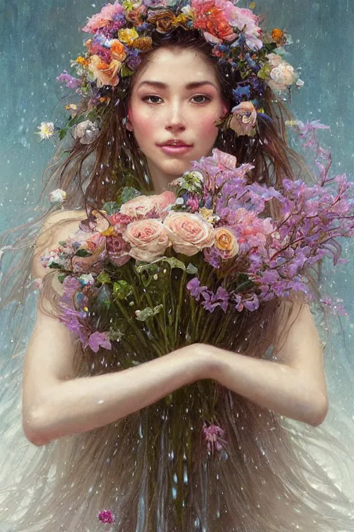 Image similar to portrait of a beautiful mysterious woman holding a bouquet of flowing flowers, wet dripping long hair, hands hidden under the bouquet, emerging from the water, fantasy, regal, intricate, by stanley artgerm lau, greg rutkowski, thomas kindkade, alphonse mucha, loish, norman rockwell