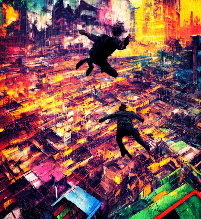 Image similar to realistic detailed image of a man jumping of a roof of ruined city by adrian ghenie and franz marc, high quality, ultra detailed. masterpiece, oil on canvas painting, pixel sorting, glitch, datamosh. bold and vivid acid neon colors. 8 k