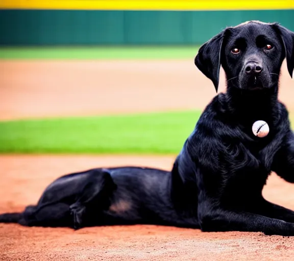 Prompt: A cute black labrador dog wearing a baseball uniform, in a baseball field, sports photography