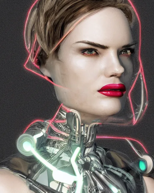 Image similar to fashion portrait, most beautiful girl in the world, glowing cybernetic augments, hyperrealism, year 2447, cdx