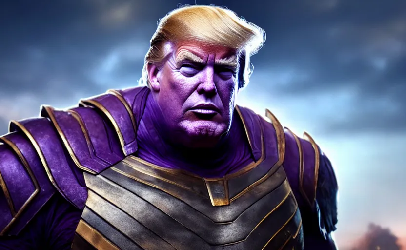 Prompt: donald trump wearing thanos armour, hd, 4 k photo