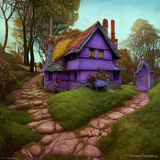 Image similar to hyper realistic homely ornate modern witch cottage distant down a path in the purple swamp gorgeous lighting, blue sky, fantasy, by zdzisław beksinski and norman rockwell and greg rutkowskiweta studio, and lucasfilm