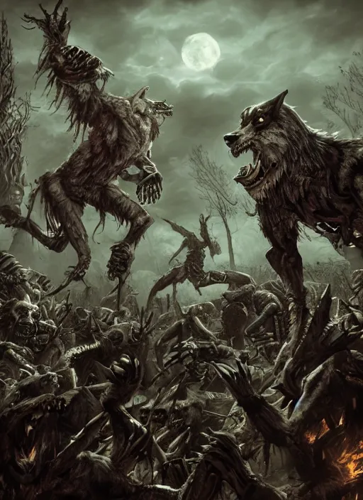 Image similar to werewolf fighting an endless army of skeletons, ultra detailed fantasy, dnd, rpg, game design concept art, behance hd, artstation, deviantart, global illumination ray tracing hdr render in unreal engine 5