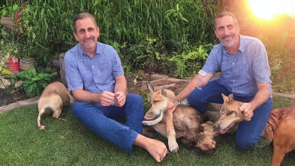 Image similar to My dad Steve just took a hit from the bongo and have good time being gracefully relaxed in the garden, sunset lighting. My second name is Carell. My dad second name is Carell. Im the dog and Steve Carell is my dad. Detailed face