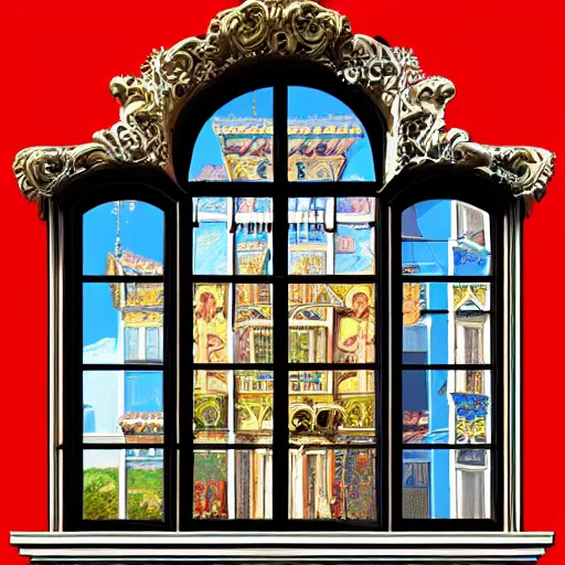 Image similar to digital illustration of a beautiful window open front view, complete window!, aesthetic, achenbach, andreas, angelico, fra, bellotto, bernardo, ornate, russian style, colorful architectural drawing, behance contest winner, vintage frame window