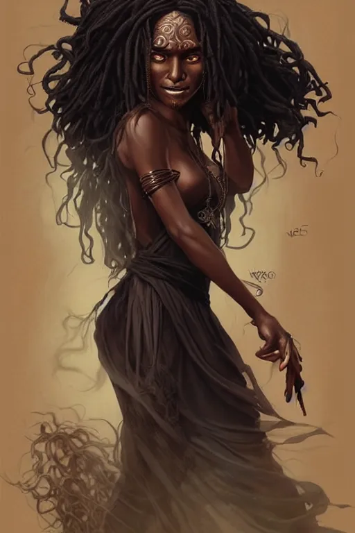 Image similar to ancient black woman crone with long scraggly hair wearing rags, character portrait wearing black silk looking over one shoulder, concept art, intricate details, highly detailed photorealistic portrait in the style of adam hughes, seseon yoon, artgerm and warren louw