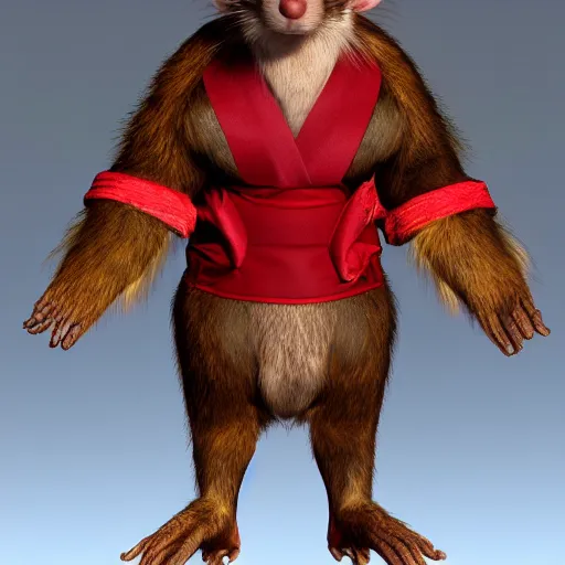 Prompt: a portrait of a human-rat mutant hybrid with brown fur wearing a red kimono, 3d rendering, hdr, subsurface scattering