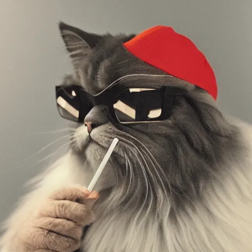 Prompt: a detailed portrait of a Persian cat wearing Cap and sunglasses smoking cigarette, professional lighting