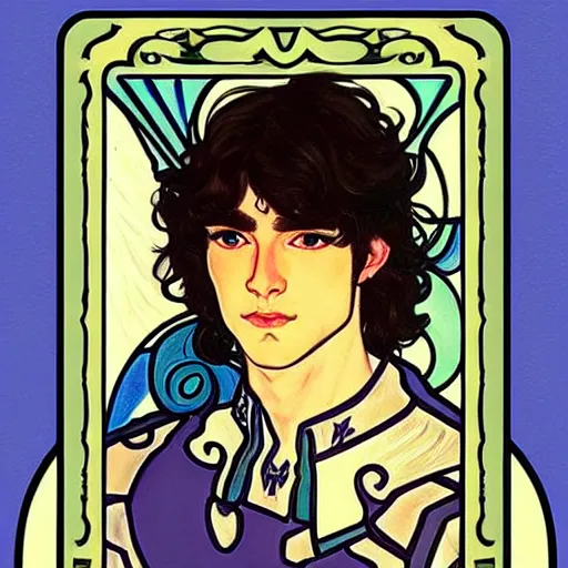 Image similar to painting of young handsome beautiful paladin elf! man with long wavy dark hair in his 2 0 s named shadow taehyung at the blueberry party, wearing armor!, elegant, clear, painting, stylized, delicate, soft facial features, art, art by alphonse mucha, vincent van gogh, egon schiele,