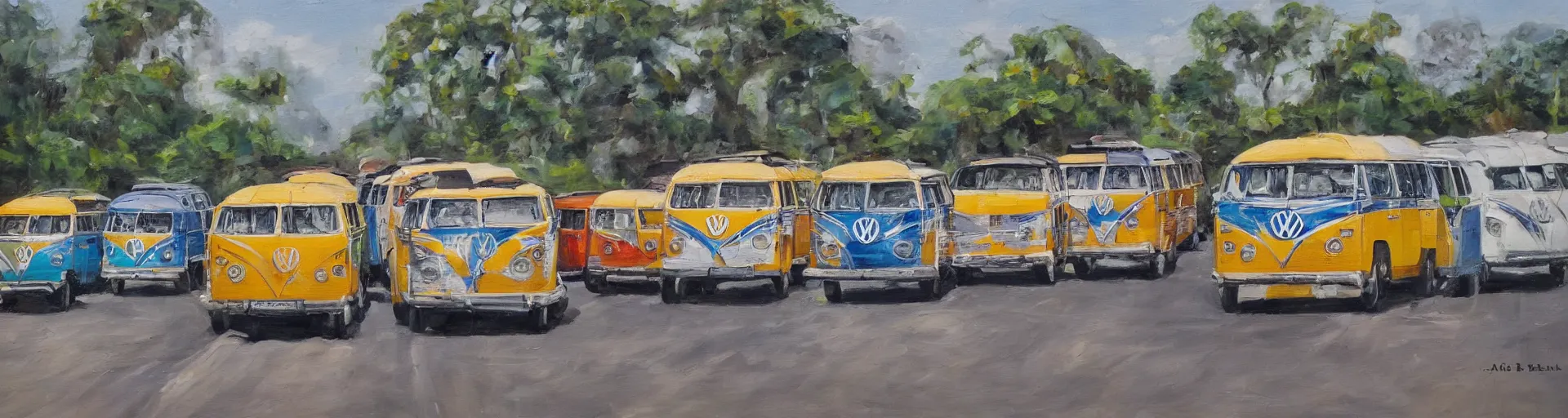 Prompt: a detailed oil painting of vw buses racing in brazil