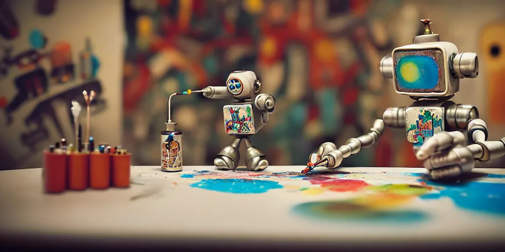 Image similar to closeup portrait of tin toy retro robot painter mixing gouache on white paper table in an artist workshop, depth of field, zeiss lens, detailed, centered, fashion photoshoot, by nicoletta ceccoli, mark ryden, lostfish, breathtaking, 8 k resolution, extremely detailed, beautiful, establishing shot, artistic, hyperrealistic, octane render