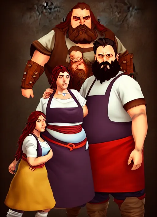 Image similar to an epic fantasy comic book style portrait painting of a hearty man with a big belly and thick beard and large woman who are a couple in a tavern with them both wearing aprons, unreal 5, daz, hyperrealistic, octane render, cosplay, rpg portrait, dynamic lighting