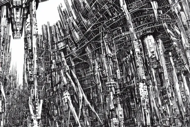 Prompt: vast technological megastructure largely devoid of life, post-humanism, by Tsutomu Nihei