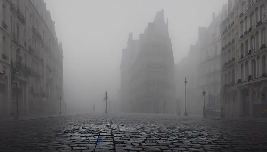 Image similar to empty neo - gothic paris streets in the fog, wet ground, hyperdetailed, artstation, cgsociety, 8 k