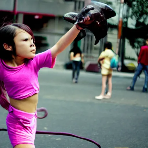 Image similar to Photo, A girl fight against an alien.