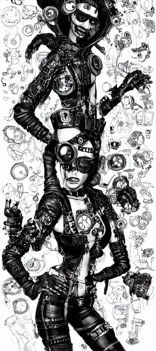 Image similar to a cybergoth woman wearing goggles and eccentric jewelry by jamie hewlett :: full body character concept art, detailed, intricate