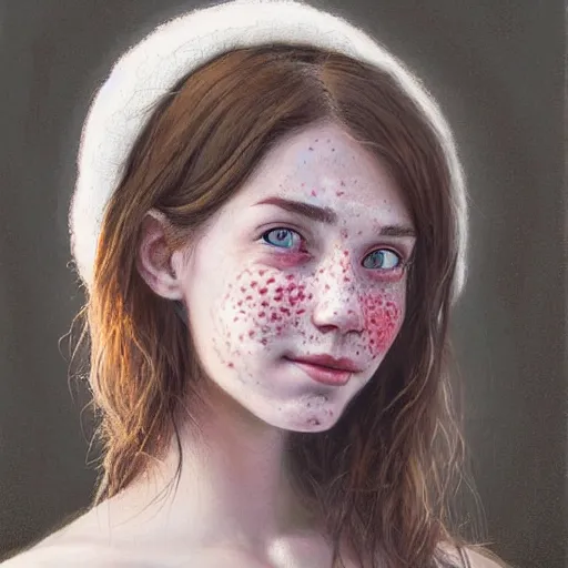 Image similar to Facial portrait of a pretty cottagecore girl, looking at the camera, slight awkward smile, lips slightly parted, hardly visible freckles, no hands visible, extremely detailed painting by Greg Rutkowski and by Steve Henderson and by Harumi Hironaka