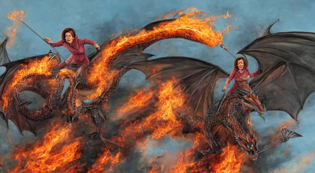 Image similar to nancy pelosi riding a fire - breathing flying dragon