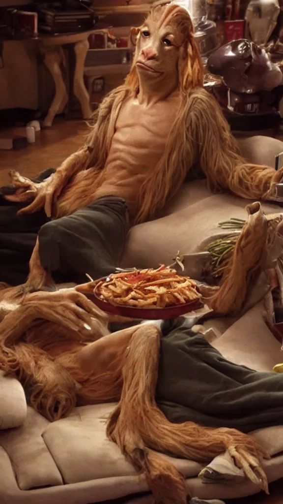 Image similar to jar jar binks lounging on his sofa in a dimly lit room, with fast food packaging strewn all over the floor