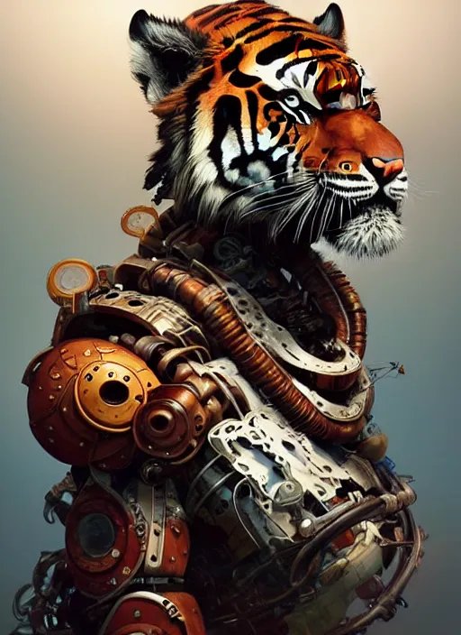 Prompt: portrait of tiger, robot steampunk, floral! horizon zero dawn machine, intricate, elegant, highly detailed, ray tracing, digital painting, artstation, concept art, smooth, sharp focus, illustration, art by artgerm and greg rutkowski and alphonse mucha, 8 k