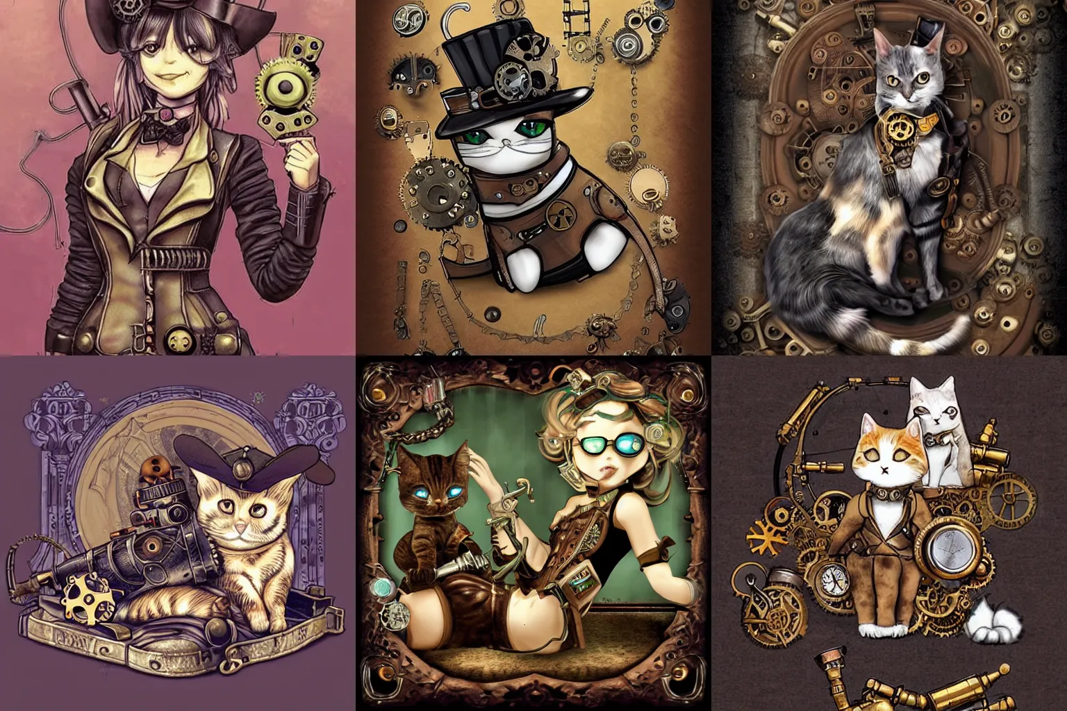 Prompt: steampunk android cats dreaming