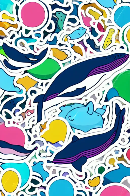 Image similar to Whale, sticker, anthropomorphic, colorful, fantasy, artstation, illustration, highly detailed, simple, smooth and clean vector curves, no jagged lines, vector art, smooth