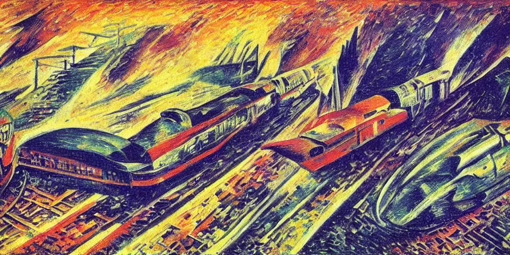 Prompt: oil painting of streamline train speeding. futurism. extreme speed with headlight shining into the fog. umberto boccioni.