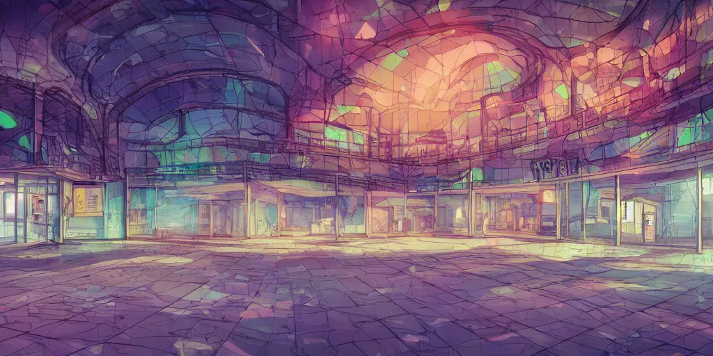 Image similar to eerie but beautiful abandoned mall at night, full of color, award - winning anime digital art