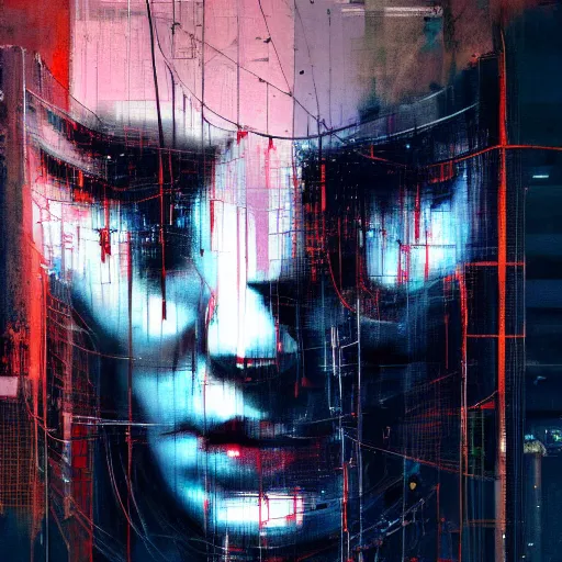 Image similar to portrait of a cyberpunk, wires, machines, in a dark future city by jeremy mann, francis bacon and agnes cecile, ink drips, paint smears, digital glitches glitchart