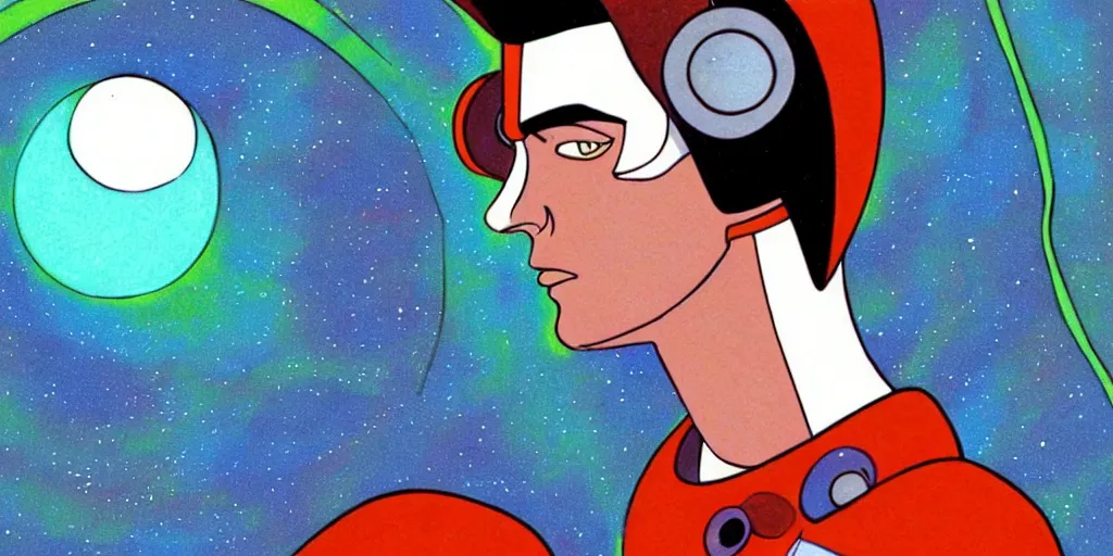 Image similar to traditional drawn colorful animation a symmetrical portrait of lonely single Alain Delon alone from 1960 60s pilot in spacesuit posing in spaceship station planet captain bridge outer worlds robots extraterrestrial hyper contrast well drawn in Jean Henri Gaston Giraud animation film The Masters of Time FANTASTIC PLANET La planète sauvage animation by René Laloux