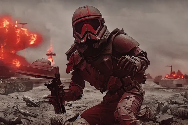 Image similar to helghast soldier kerberos panzer cop sith trooper hybrid in a still of illang the wolf brigade ( 2 0 1 8 ) film, vfx, post processed