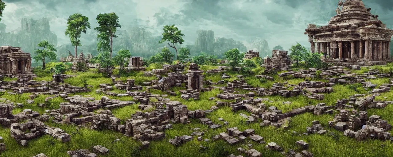 Image similar to ” otherwordly landscape with temple ruins covered by vegetation, [ cinematic, detailed, epic, widescreen, opening, establishing, mattepainting, photorealistic, realistic textures, octane render ] ”