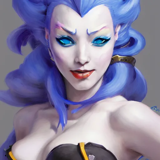 Image similar to greg manchess portrait painting of partially armored blue haired jinx from league of legends as overwatch character, medium shot, asymmetrical, profile picture, organic painting, sunny day, matte painting, bold shapes, hard edges, street art, trending on artstation, by huang guangjian, gil elvgren, ruan jia, greg rutkowski, gaston bussiere