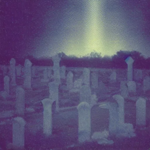 Image similar to low - quality vhs glitch art from 1 9 9 0 of a cg ghost wandering a moonlit cemetery