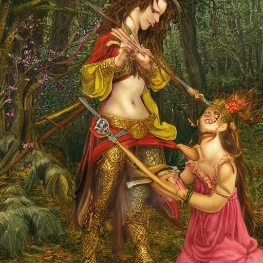 Prompt: sensual girl warrior making a ritual with her daughter in a magical forest, fantasy, highly detailed faces