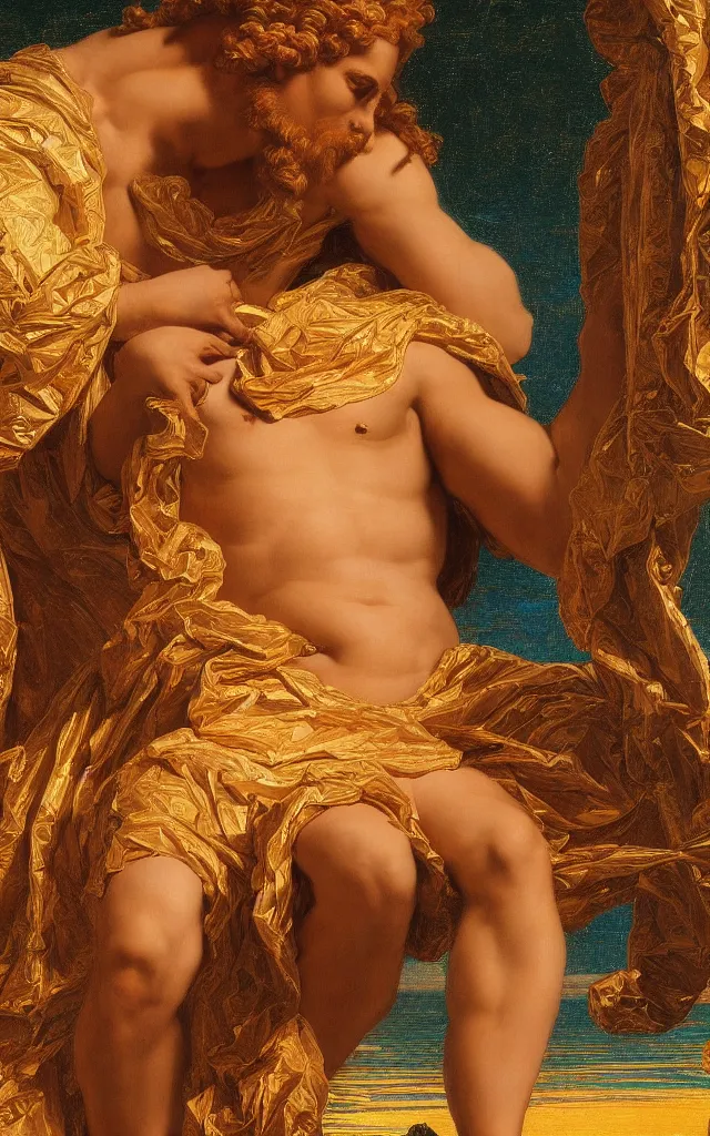 Image similar to a beautifully high detail, intricate, clear detailed portrait of a close up of zeus with an ornate golden teal curtain at beautiful sunset daytime nature sunlit nebula background painting by frederic leighton and rosetti, 8 k