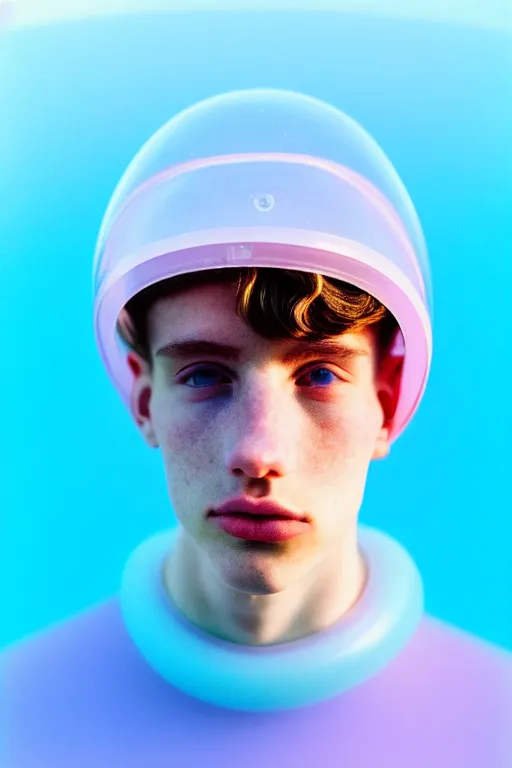 Image similar to high quality pastel coloured film mid angle portrait photograph of a beautiful young 2 0 year old male, soft features, short hair, perspex face visor and oversized inflated clothing!!!! icelandic black! rock pool environment. atmospheric three point light. photographic. art directed. ( pastel colours ). volumetric. clearcoat. waves. 8 k. filmic.