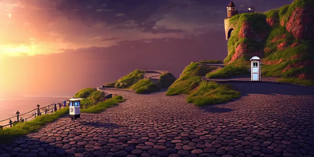 Image similar to epic professional digital art of a lonely cobblestone street with a kiosk on a cliff over the sea at sunset, best on artstation, cgsociety, wlop, Behance, pixiv, astonishing, impressive, outstanding, epic, cinematic, stunning, marketing design, gorgeous, much detail, much wow, masterpiece.