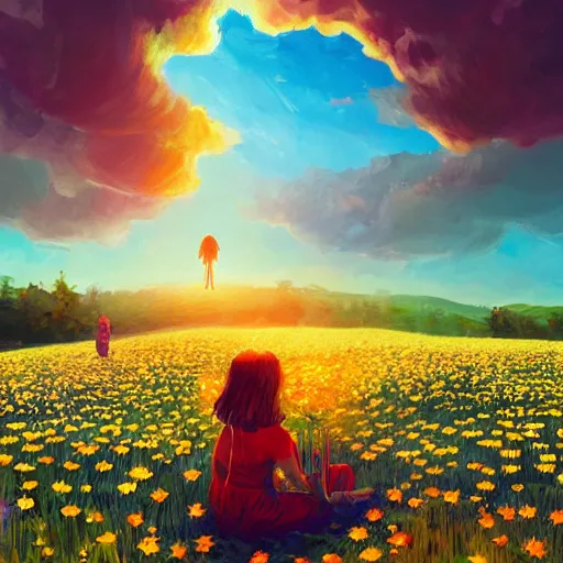 Image similar to giant daisies flower as head, girl sitting in a flower field, surreal photography, sunrise, dramatic light, impressionist painting, colorful clouds, digital painting, artstation, simon stalenhag