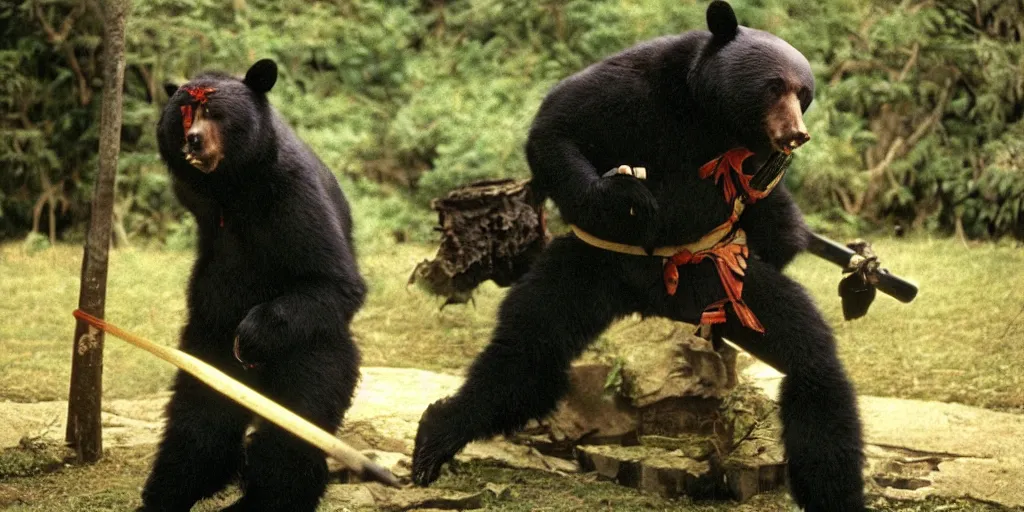 Image similar to scene from Shogun’s Shadow, 1989, movie still, cinematic, anthropomorphic, half man half asian black bear, black bear samurai, Moon Bear Samurai, epic, samurai