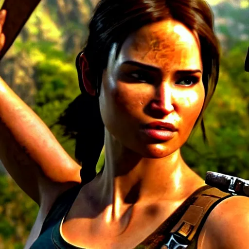 Image similar to lara croft wearing batik!!!!!!, looking content, golden hour, cinematic