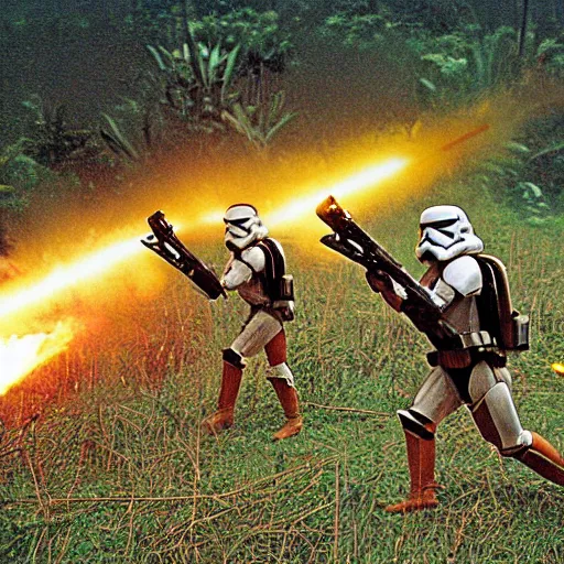 Image similar to star wars clone troopers combat soldiers in vietnam, photo, old picture, lush landscape, jungle, firearms, explosions, helicopters, aerial combat, active battle zone, flamethrower, air support, jedi, land mines, gunfire, violent, star destroyers, star wars lasers, sci - fi, jetpacks, agent orange, bomber planes, smoke, trench warfare