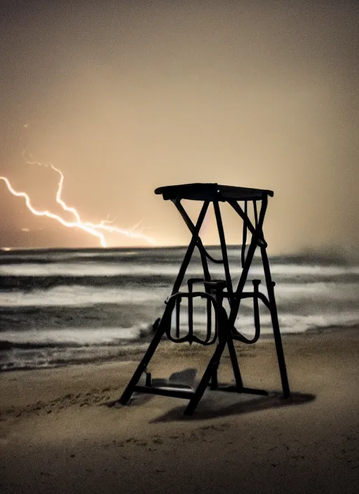 Image similar to a 2 8 mm macro photo of lightning striking a lifeguard chair at the beach, long exposure, misty, night, splash art, movie still, bokeh, canon 5 0 mm, cinematic lighting, dramatic, film, photography, golden hour, depth of field, award - winning, anamorphic lens flare, 8 k, hyper detailed, 3 5 mm film grain