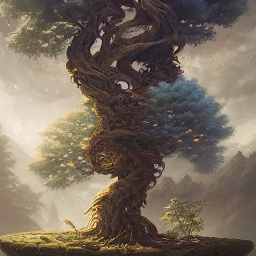 Prompt: a beautiful tree growing in the middle of a library. wide angle, dramatic light, ultra realistic, 4K, peter mohrbacher