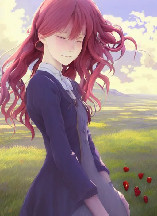 Image similar to Painting of a cottagecore witch with strawberry hair in the style of Violet Evergarden, beautiful anime art style, winged eyelashes, countryside, calm, fantasy character portrait, dark outlines, dynamic pose, above view, sunny day, artwork by Makoto Shinkai, very coherent asymmetrical artwork, sharp edges, perfect face, simple form, 100mm