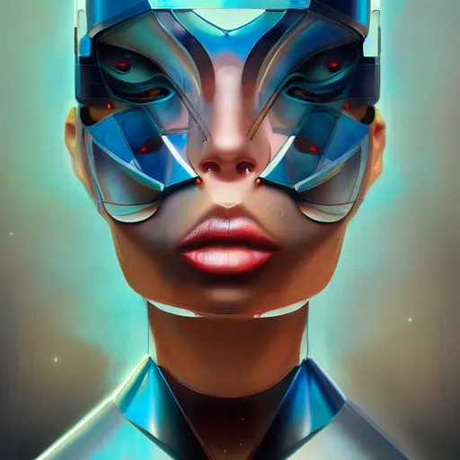 Image similar to scifi futurism automaton minimalism chrome by peter mohrbacher art Hajime Sorayama airbrush hyperrealism model abstract shatter fragments cubism futurism pastel blue soft flat minimal minimalism portrait face