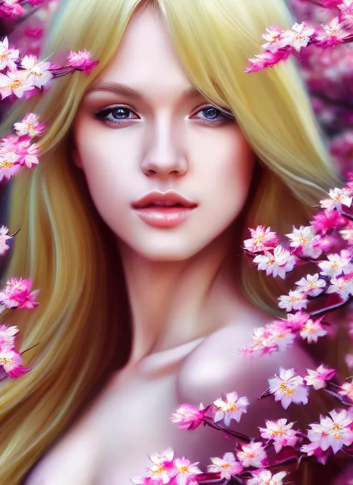 Image similar to photo of a gorgeous blonde female in the style of stefan kostic, realistic, half body shot, sharp focus, 8 k high definition, insanely detailed, intricate, elegant, art by stanley lau and artgerm, extreme blur cherry blossoms background